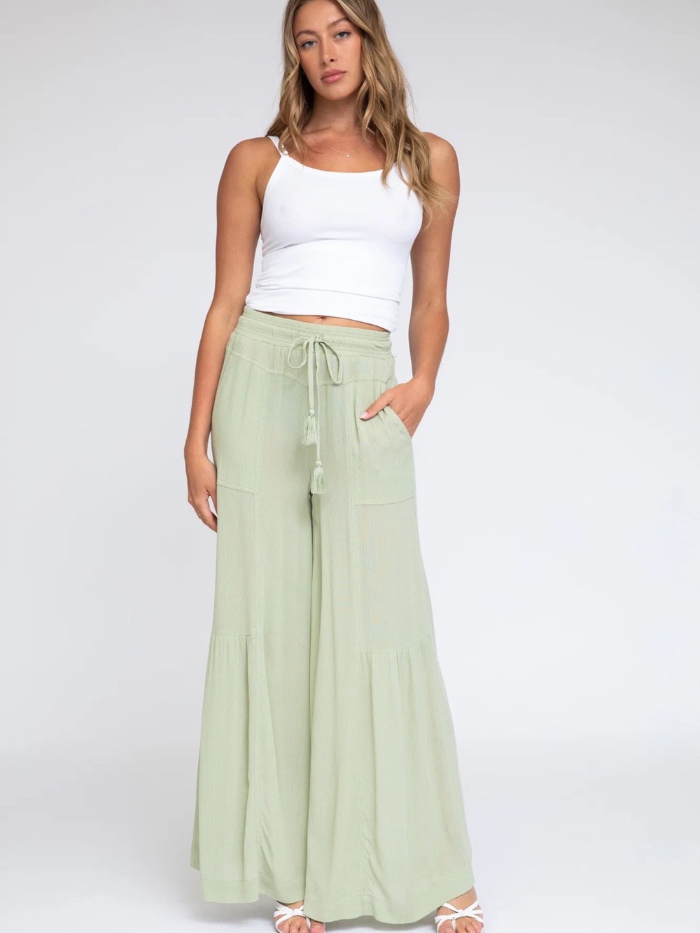 Rewash Sage Green Wide-Leg Tiered Pants